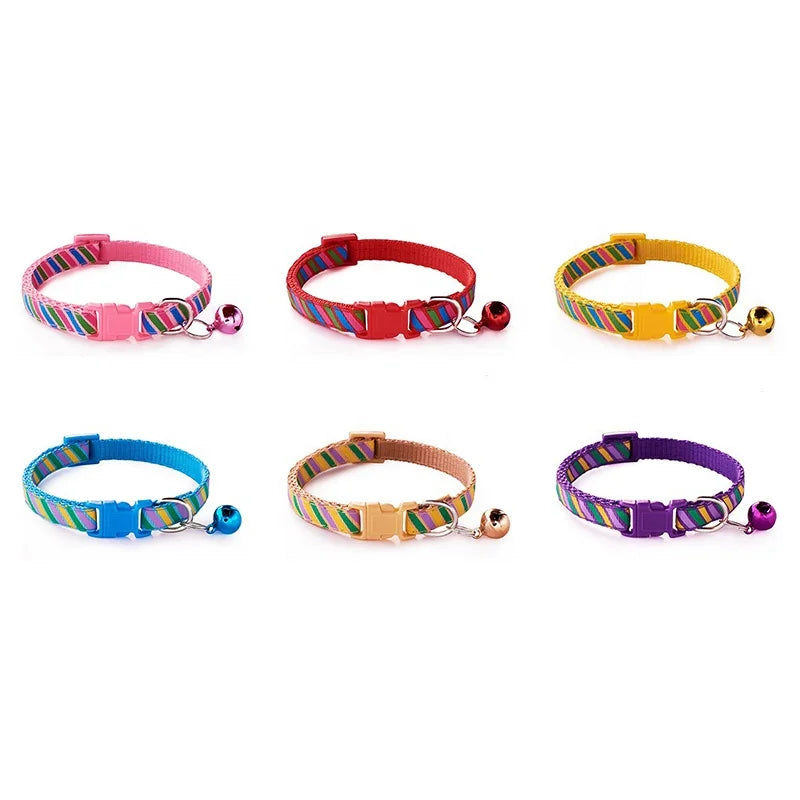 Hot Selling Reflective Diagonal Pattern Printed Pet Nylon Collar Soft Adjustable Small Bell Buckle Closure for Dogs & Cats