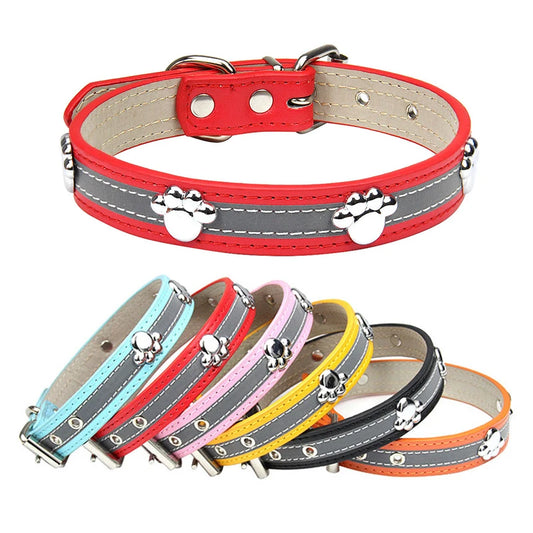 Modern Solid Reflective PU Dog Collar Paw Print Decor Durable Adjustable Pet Dogs Night Safety Design Reflective Strip