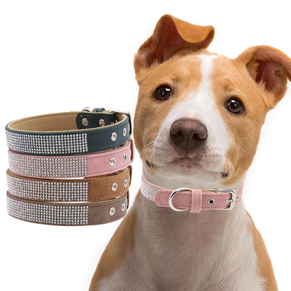 Elegant Solid Retro Suede Rhinestone Dog Collar with D-Ring Durable PU Leather Adjustable Buckle for Cats & Dogs