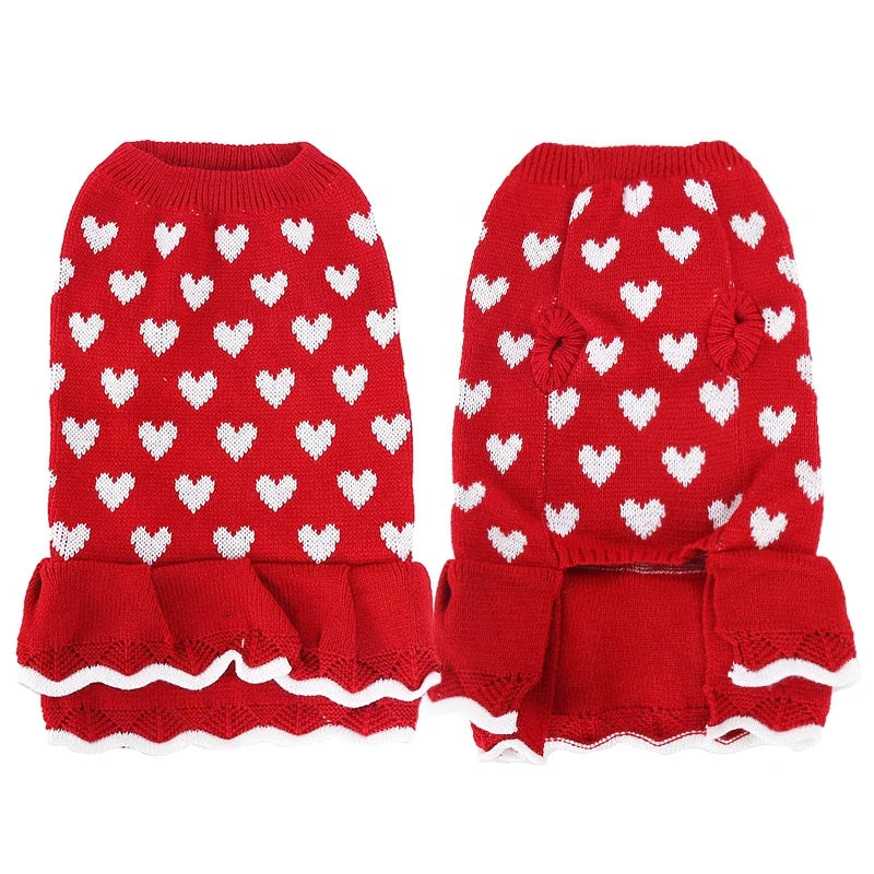 Cute Knit Dog Sweater Dress Dot Pattern Princess Style Pet Skirt Small Dogs Cozy Winter Clothing Ruffle Hem Chinese New Year