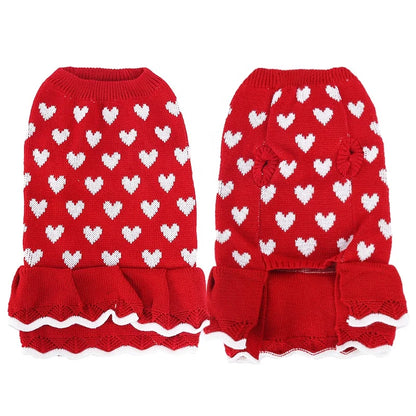 Cute Knit Dog Sweater Dress Dot Pattern Princess Style Pet Skirt Small Dogs Cozy Winter Clothing Ruffle Hem Chinese New Year