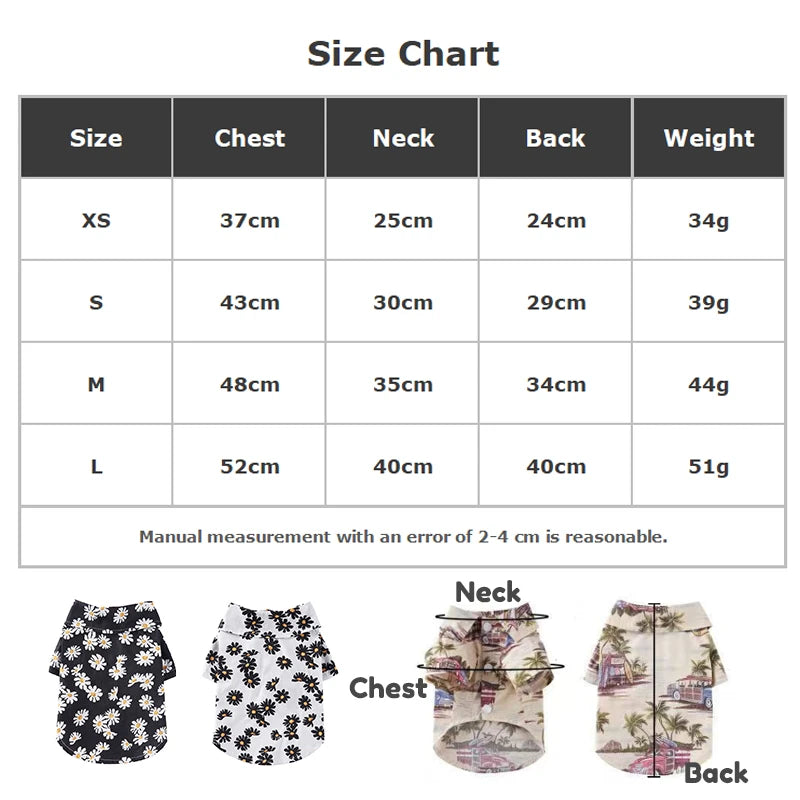 Hawaii Style Daisy Print Polyester Pet Coat Small Medium Dogs Breathable Short Sleeve Summer Shirt Collar Cute Floral Design