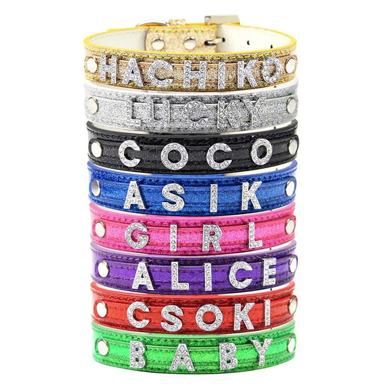 Custom Name GorisPet Luxury Dog Collar Rhinestone Letters DIY Personalized PU Pet Collar for Dogs Cats Sparkly Glitter