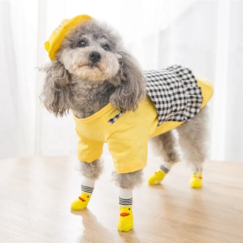 Cute Cartoon Duck Paw Anti-Slip Rubber Dog Socks Fashion Style Waterproof Pet Sock Shoes with Grip Knitted Animal Pattern
