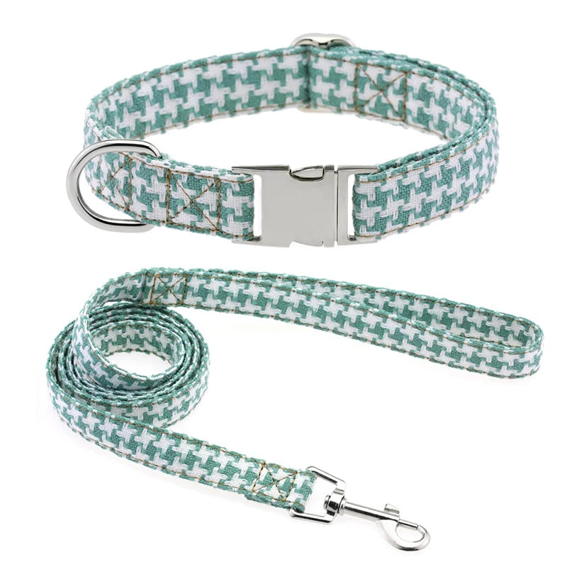 Adjustable Durable Luxury Cotton Linen Dog Collar Leash Set Houndstooth Pattern Buckle Closure Spot Clean Pet Accessories for