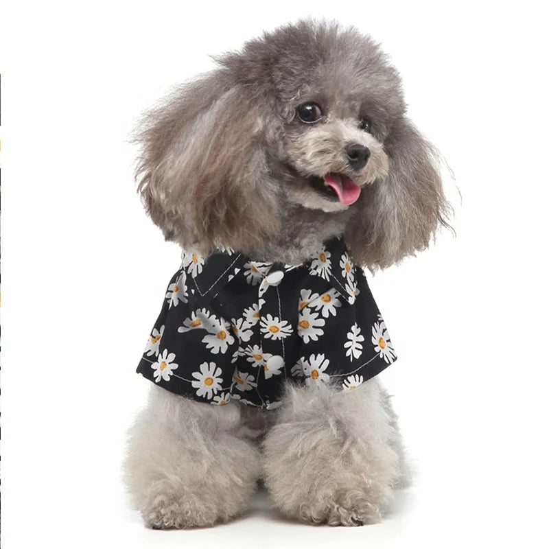 Hawaii Style Daisy Print Polyester Pet Coat Small Medium Dogs Breathable Short Sleeve Summer Shirt Collar Cute Floral Design