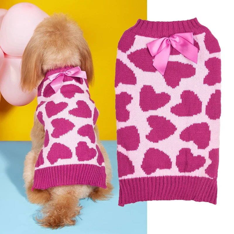 Super Cute Eco-Friendly Small/XS Size Pink Bowknot Sweet Heart Dog Winter Sweater Animal Pattern Pet Apparel Valentine's Day