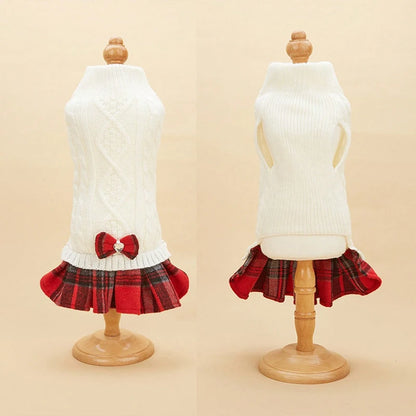 Cute Acrylic Knitted Dog Sweater Skirt Mock Two-Piece Set Pet Dress for Dogs Cats Winter Leisure Fashion Bow Tie Gray White