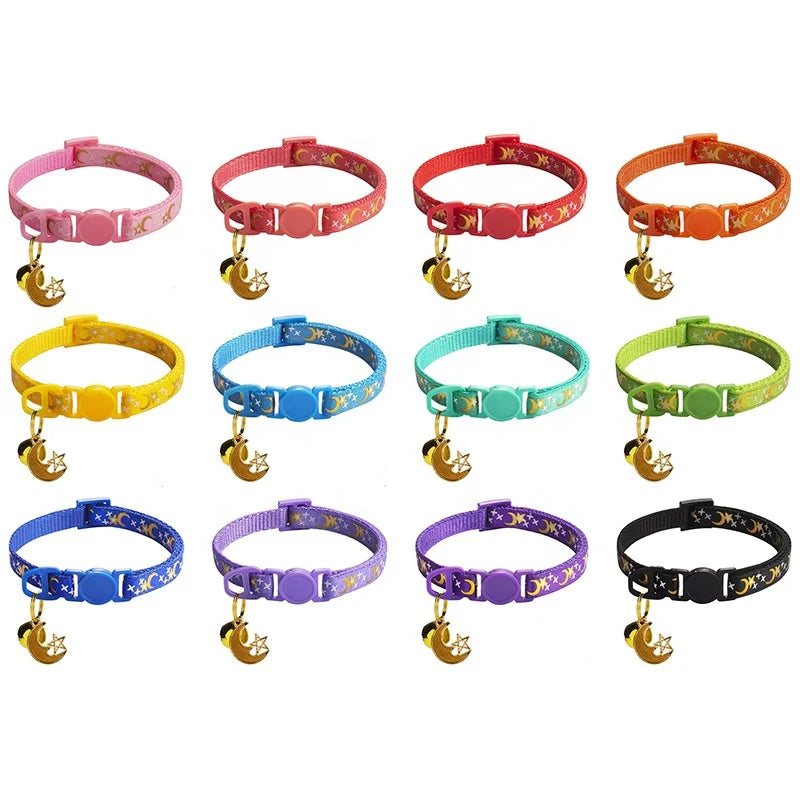 Colorful Shining Star Moon Pet Nylon Collar Soft Adjustable Small Bell Print Buckle Closure for Cats Dogs Pets Accessories