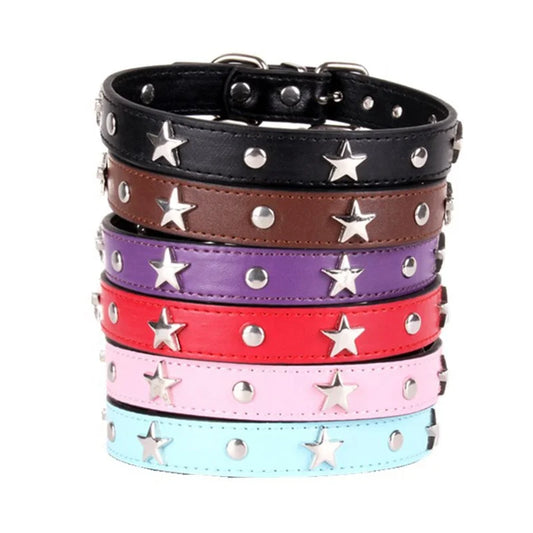 Punk Style Luxury Leather Dog Collar Star Design Fashion Solid Pattern Fur Decoration Metal Buckle Made PU-Ins Pet Leashes