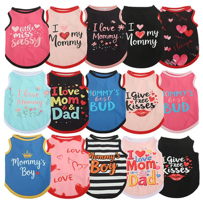 European American Style Summer XS Polyester Dog Vest High Elastic 'Free Kisses' and 'Love Mom Dad' Printed Stripe Pet Clothes