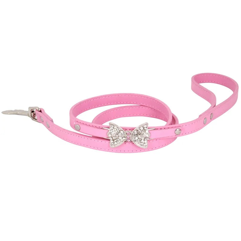 Luxury Small PU Leather Dog Collar Silver Rhinestone Bow Knot Soft Solid Animal Pattern ABS Cotton Free Cat Friendly Pet Leash