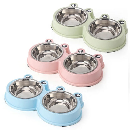 Eco-friendly Small Dog Double Bowls Cute Frog Shape Plastic & Stainless Steel Pet Cat Food Mixing Bowl Water Feeding ODM Supply