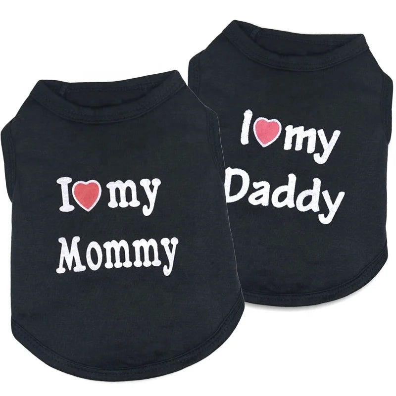 Wholesale Cute I Love Daddy Mommy Printed Cotton Dog T Shirts Tank Tops in XS S XL Sizes for Spring Summer Autumn Seasons