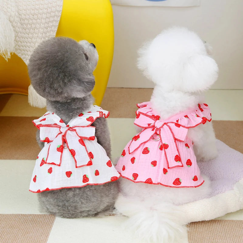 Super Cute Modern Valentine's Day Pink White Spring Strawberry Pattern Polyester Cotton Summer Lace Dog Bowknot Leash Ring