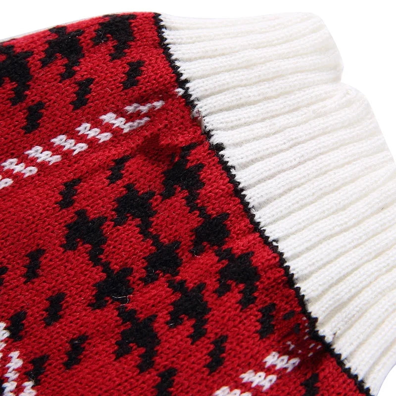 Cute Dog Sweater Red Houndstooth Knit Coat White Ribbed Trim Leisure Modern Design Winter Jumpers Outfit Small Dogs Acrylic Warm