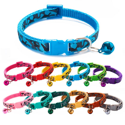 Camouflage Print Tactical Dog Cat Collar-Colorful Nylon Safety Buckle Bell Adjustable Training Ribbons 12 Colors Available All