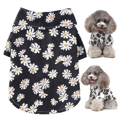 Hawaii Style Daisy Print Polyester Pet Coat Small Medium Dogs Breathable Short Sleeve Summer Shirt Collar Cute Floral Design