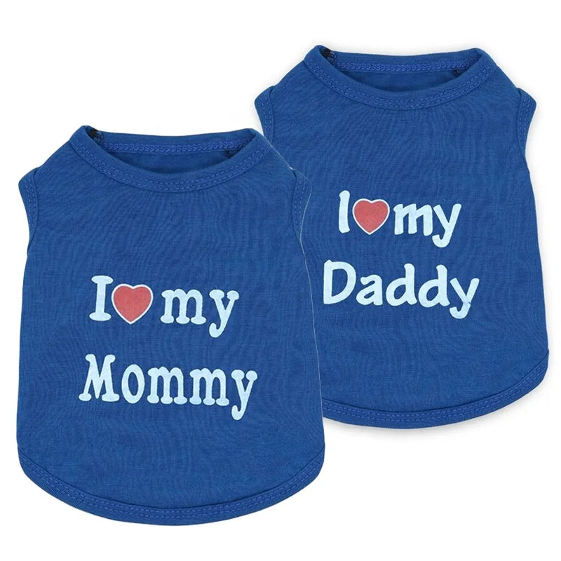 Wholesale Cute I Love Daddy Mommy Printed Cotton Dog T Shirts Tank Tops in XS S XL Sizes for Spring Summer Autumn Seasons