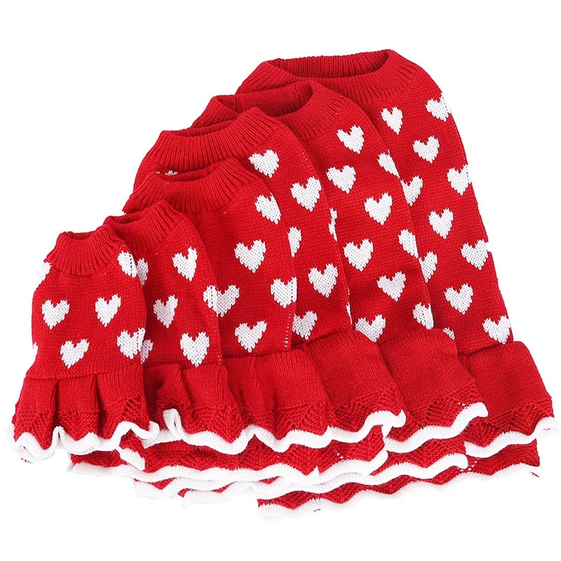 Cute Knit Dog Sweater Dress Dot Pattern Princess Style Pet Skirt Small Dogs Cozy Winter Clothing Ruffle Hem Chinese New Year