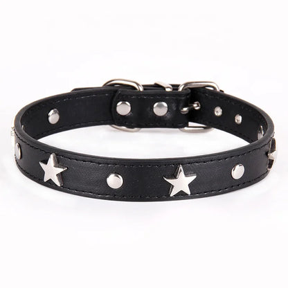 Punk Style Luxury Leather Dog Collar Star Design Fashion Solid Pattern Fur Decoration Metal Buckle Made PU-Ins Pet Leashes