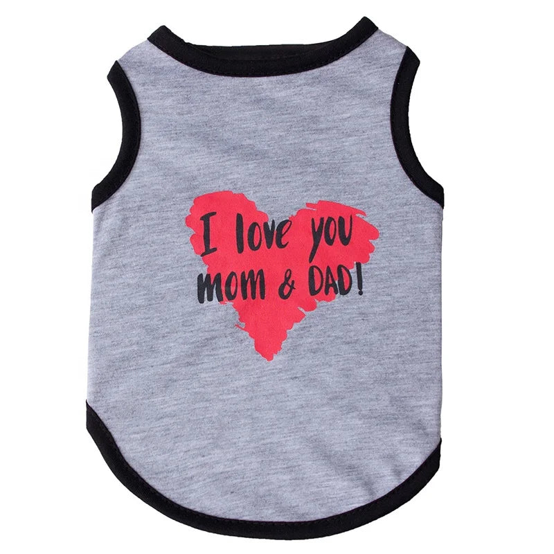Pet Dog Vest 'I Love You Mom Dad' Printed Cotton-Polyester Tank Top Cute Heart Design Comfortable Modern Simple Small