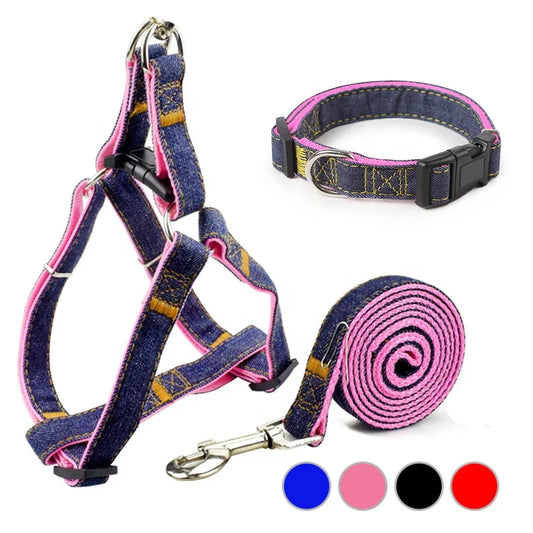 Premium Quality Durable Denim Dog Leash Harness Set Stylish Fur Collar Simple Design Small Medium Sizes for Cats Furry Friends