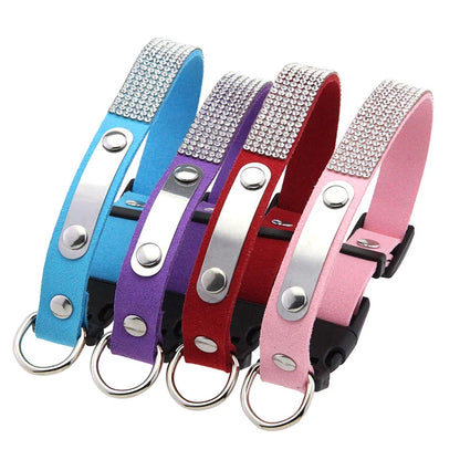 Modern Elegant Durable Sparkly Rhinestone Dog Collar ID Tag Adjustable Soft Microfiber Neckband D-Ring for Cats & Small Dogs