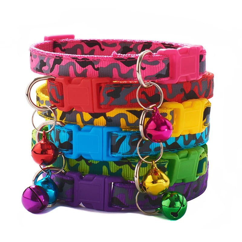 Camouflage Print Tactical Dog Cat Collar-Colorful Nylon Safety Buckle Bell Adjustable Training Ribbons 12 Colors Available All