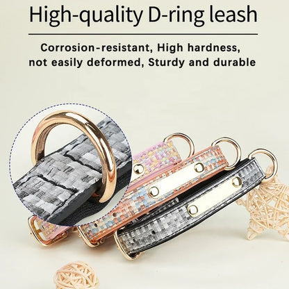GorisPet Luxury Dog Collar Custom Engraving Double D-Rings Hanging Accessories Space Cotton Lining PU Material Plaid Pattern