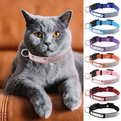 Modern Elegant Durable Sparkly Rhinestone Dog Collar ID Tag Adjustable Soft Microfiber Neckband D-Ring for Cats & Small Dogs