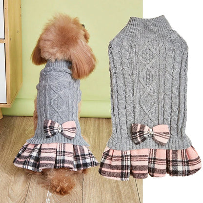 Cute Acrylic Knitted Dog Sweater Skirt Mock Two-Piece Set Pet Dress for Dogs Cats Winter Leisure Fashion Bow Tie Gray White