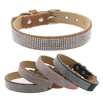 Elegant Solid Retro Suede Rhinestone Dog Collar with D-Ring Durable PU Leather Adjustable Buckle for Cats & Dogs