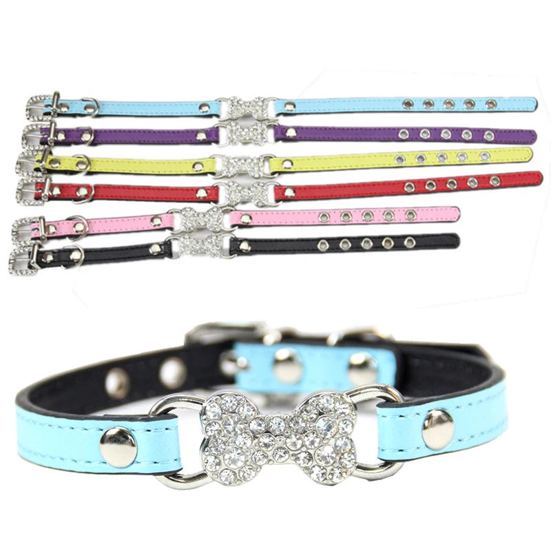 Luxury Rhinestone Bone Charm PU Leather Adjustable Soft Dog & Cat Collar Buckle Closure Multiple Colors All Seasons