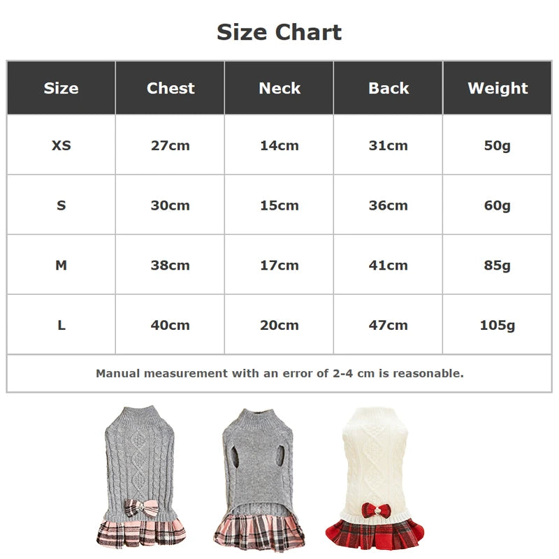 Cute Acrylic Knitted Dog Sweater Skirt Mock Two-Piece Set Pet Dress for Dogs Cats Winter Leisure Fashion Bow Tie Gray White