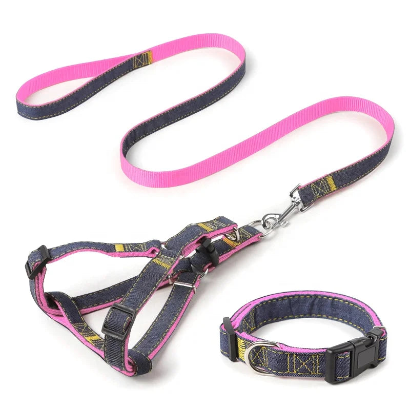 Premium Quality Durable Denim Dog Leash Harness Set Stylish Fur Collar Simple Design Small Medium Sizes for Cats Furry Friends
