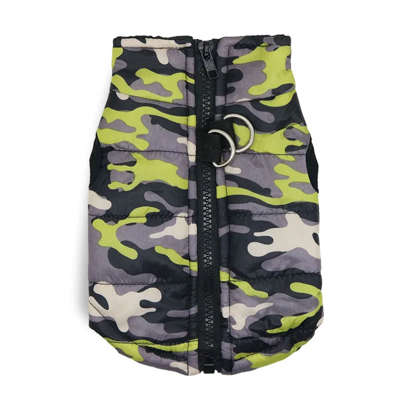 Warm Polyester Padded Geometric Mediterranean Pink Green Camouflage Service Dog Harness Vest Pet Winter Coat