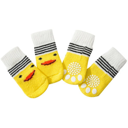 Cute Cartoon Duck Paw Anti-Slip Rubber Dog Socks Fashion Style Waterproof Pet Sock Shoes with Grip Knitted Animal Pattern