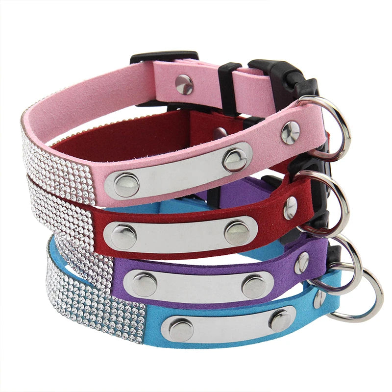 Modern Elegant Durable Sparkly Rhinestone Dog Collar ID Tag Adjustable Soft Microfiber Neckband D-Ring for Cats & Small Dogs