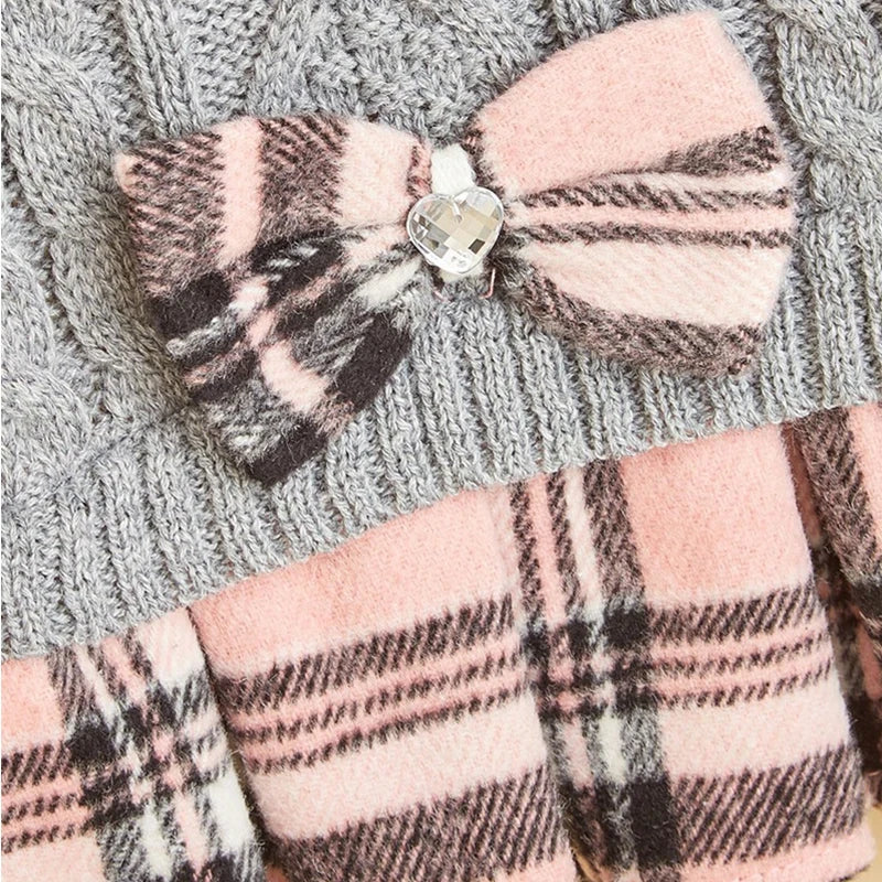 Cute Acrylic Knitted Dog Sweater Skirt Mock Two-Piece Set Pet Dress for Dogs Cats Winter Leisure Fashion Bow Tie Gray White