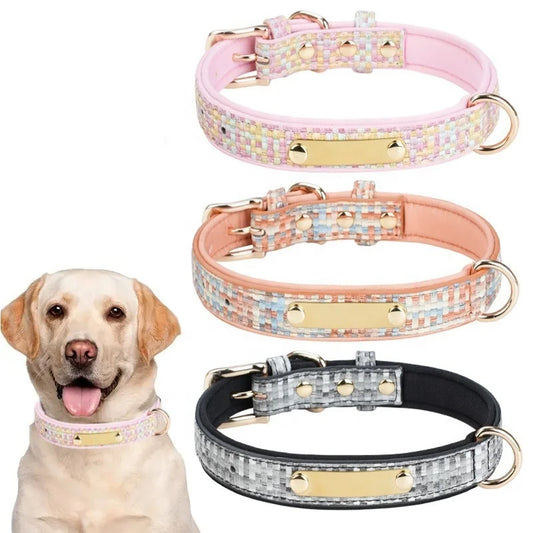 GorisPet Luxury Dog Collar Custom Engraving Double D-Rings Hanging Accessories Space Cotton Lining PU Material Plaid Pattern