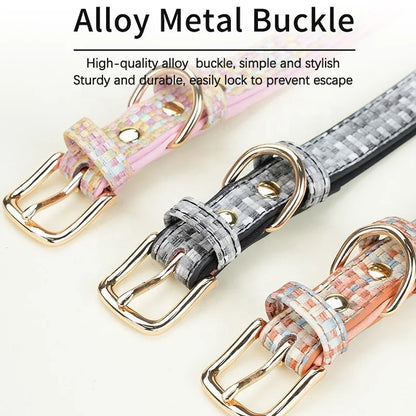 GorisPet Luxury Dog Collar Custom Engraving Double D-Rings Hanging Accessories Space Cotton Lining PU Material Plaid Pattern