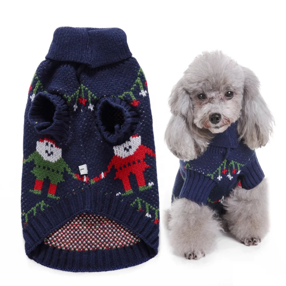 GorisPet Christmas Geometric Pattern Blue Dog Sweater Winter Knit Pet Jumper Nordic Style Foldable Washable Acrylic Durable