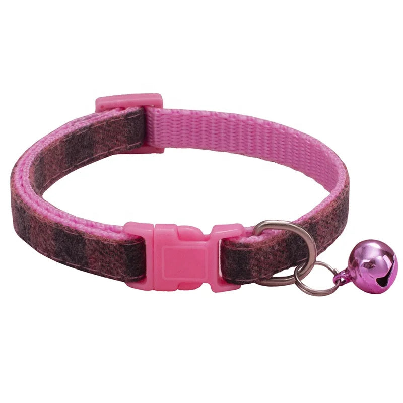 High Quality Adjustable Nylon Dog Collar Classic Plaid Design with Colorful Bell for Small Pets' Training