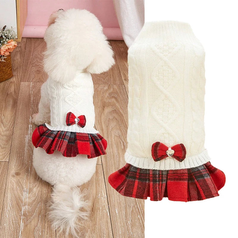 Cute Acrylic Knitted Dog Sweater Skirt Mock Two-Piece Set Pet Dress for Dogs Cats Winter Leisure Fashion Bow Tie Gray White