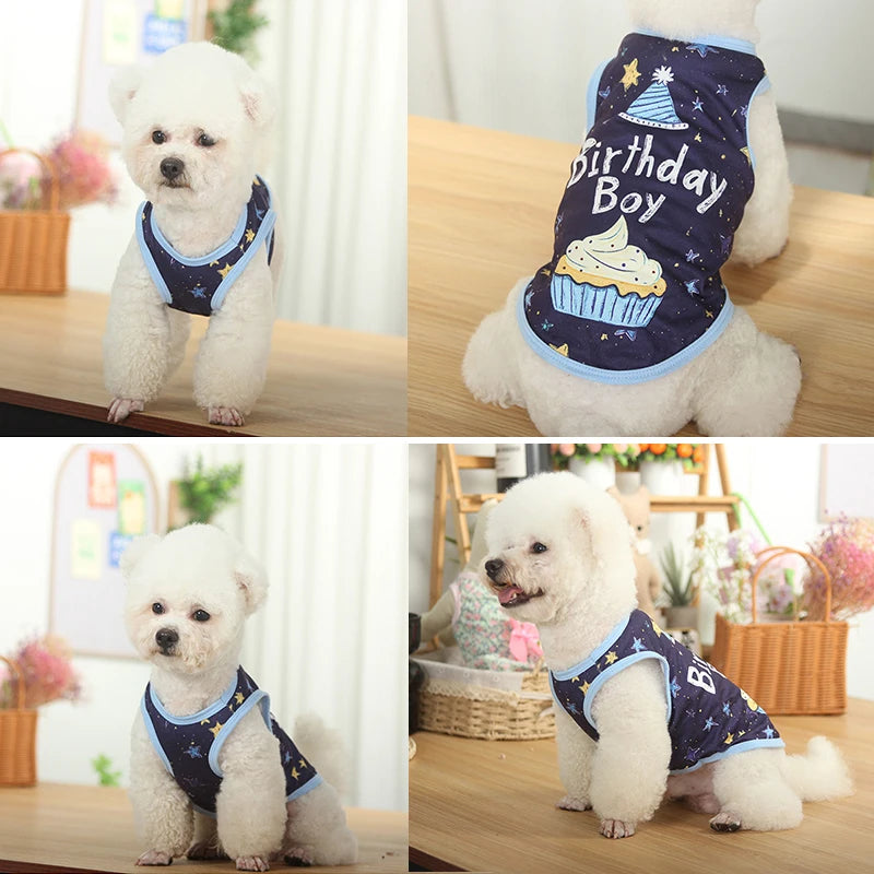 Birthday Pet T-Shirt for Small Dogs Cats-Lightweight Polyester Breathable Summer Clothing Birthday Boy/Girl Striped Cupcake