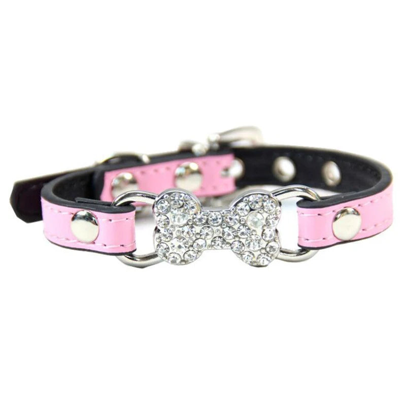 Luxury Rhinestone Bone Charm PU Leather Adjustable Soft Dog & Cat Collar Buckle Closure Multiple Colors All Seasons