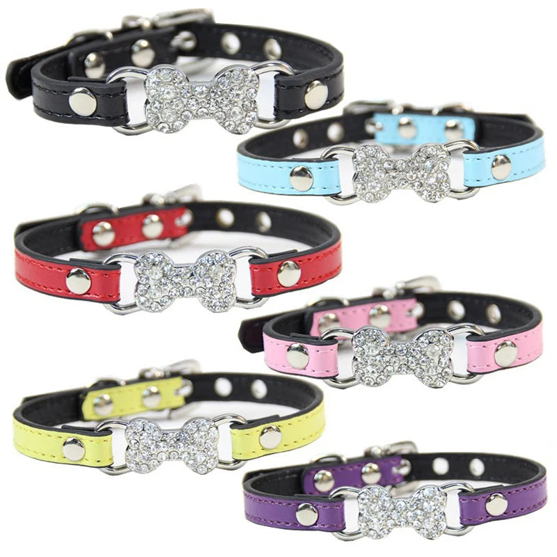 Luxury Rhinestone Bone Charm PU Leather Adjustable Soft Dog & Cat Collar Buckle Closure Multiple Colors All Seasons