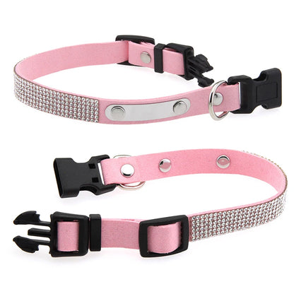 Modern Elegant Durable Sparkly Rhinestone Dog Collar ID Tag Adjustable Soft Microfiber Neckband D-Ring for Cats & Small Dogs
