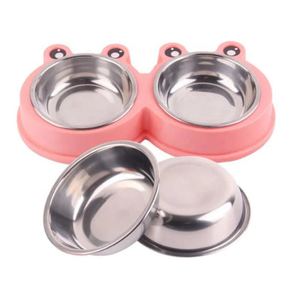 Cute Cartoon Frog Design Large Metal Bowl Candy Color Double Bowls with Stainless Steel for Small Dogs & Cats Solid Pattern
